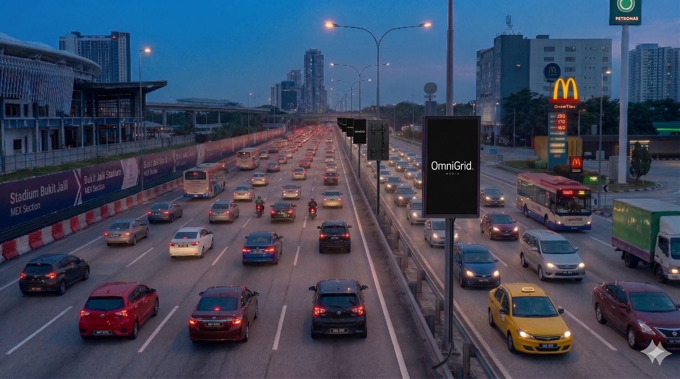 OmniGrid lamp-post digital screen along the KL–Seremban Expressway at dusk, illustrating Grid 01's corridor inventory